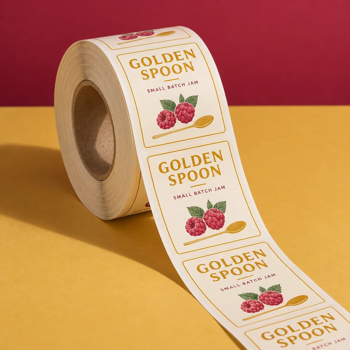 Roll labels: GOLDEN SPOON fictional small batch jam kitchen, studio composition. Illustrative design concept.