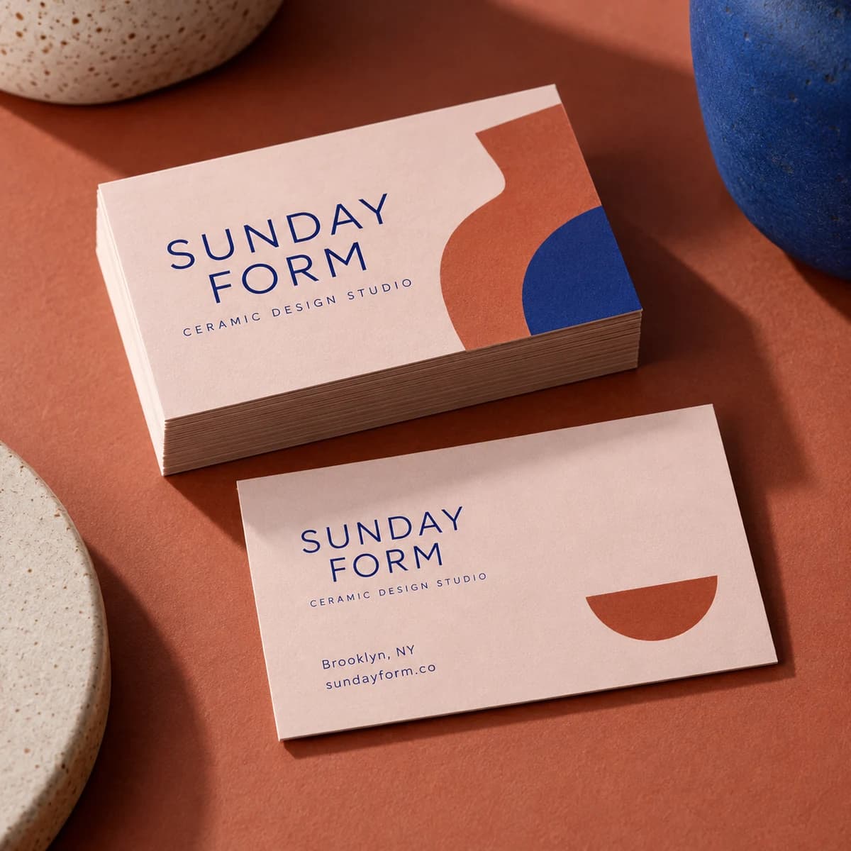 Soft-touch business cards: SUNDAY FORM fictional contemporary ceramic design studio, studio composition. Illustrative design concept.