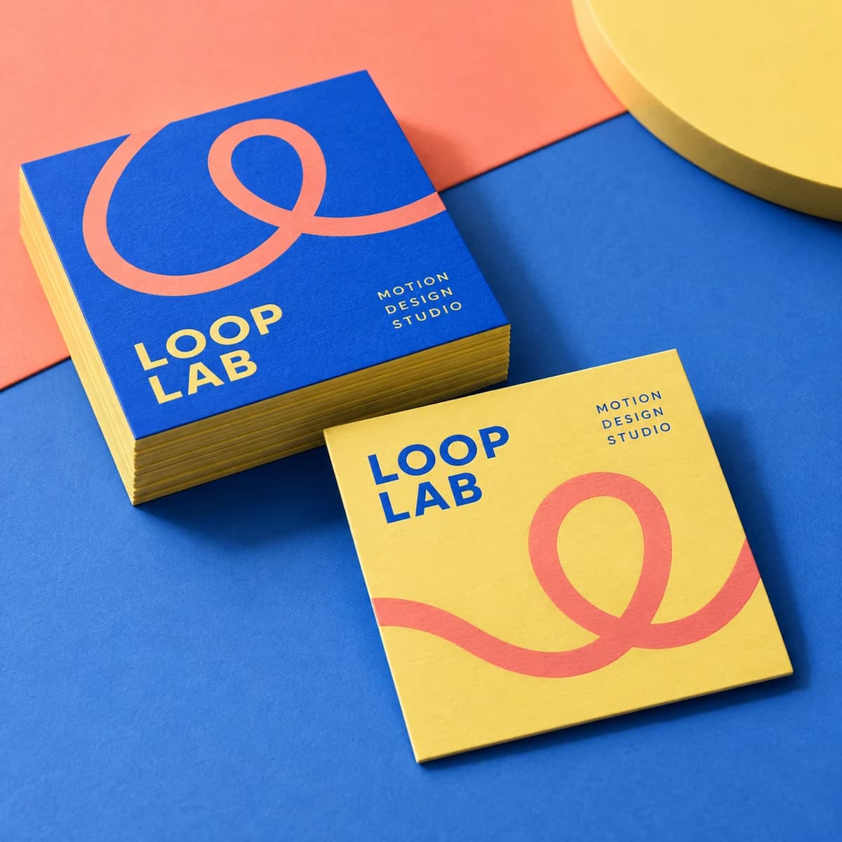 Square business cards: LOOP LAB fictional independent motion-design studio, studio composition. Illustrative design concept.