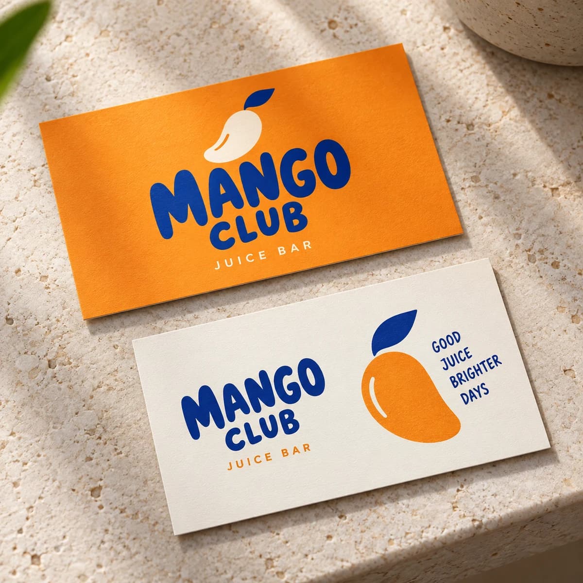 Standard business cards: MANGO CLUB fictional playful neighborhood juice bar, design detail. Illustrative design concept.