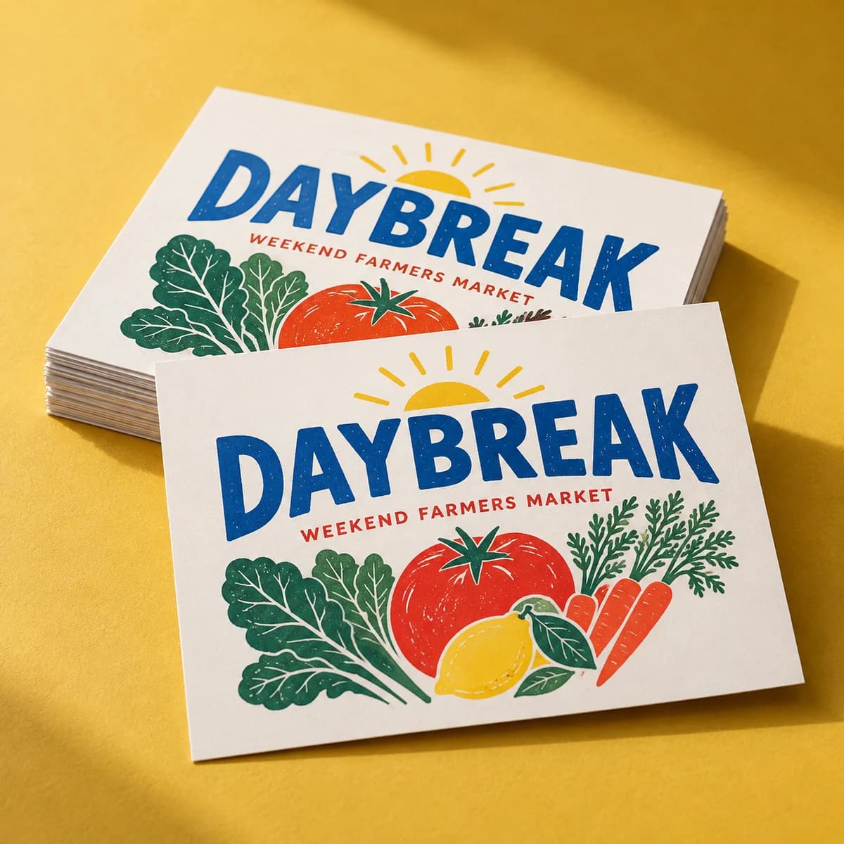 Standard postcards: DAYBREAK fictional weekend neighborhood farmers market, studio composition. Illustrative design concept.