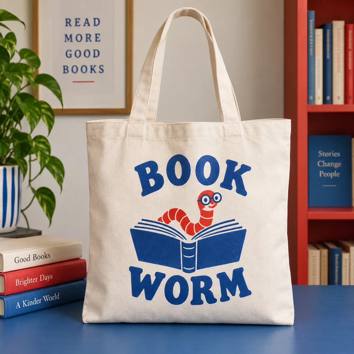 Tote bags: BOOK WORM fictional independent neighborhood bookshop, studio composition. Illustrative design concept.