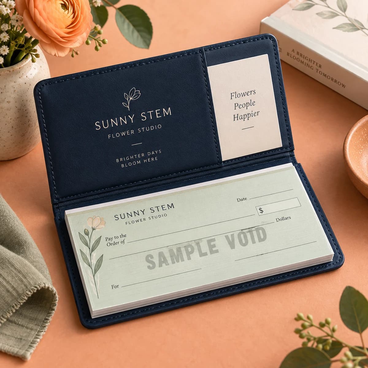 Wallet checks: SUNNY STEM fictional local flower studio, studio composition. Illustrative design concept.