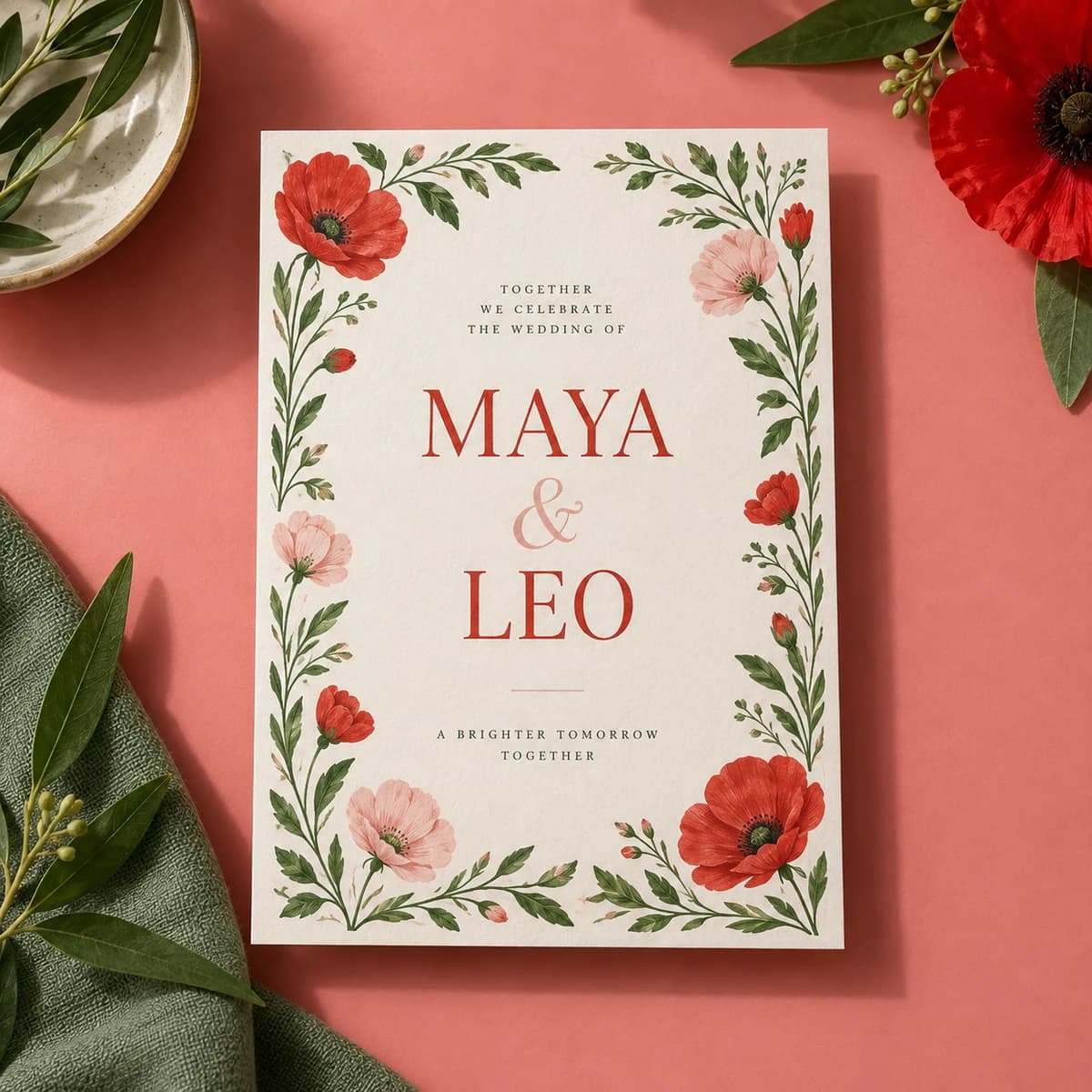 Wedding invitations: MAYA & LEO fictional fictional modern garden wedding, studio composition. Illustrative design concept.