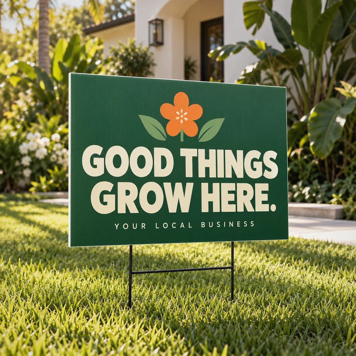 Voqado Yard signs: Forest green yard sign with ivory Good Things Grow Here lettering and an orange flower in a sunlit garden; illustrative design, stand sold separately