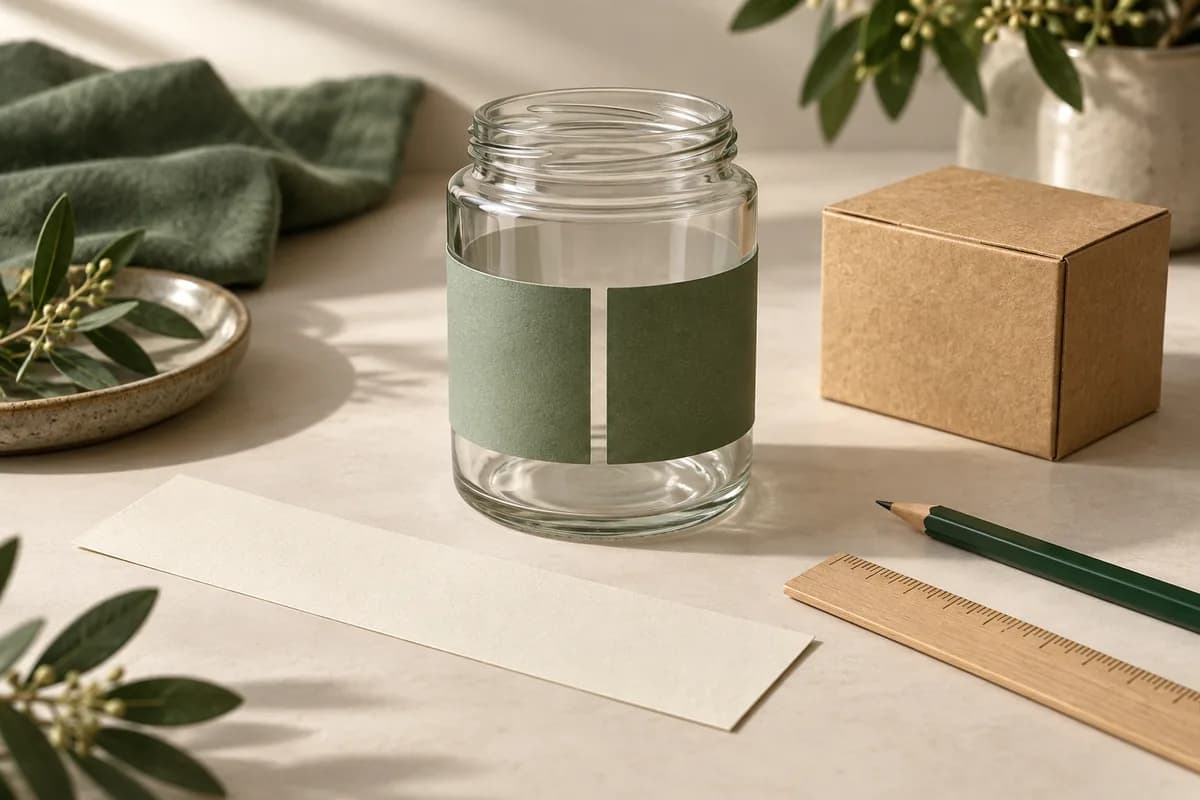 Concept styling of a glass jar with a green paper band and visible gap, beside a kraft box, paper strip, pencil and ruler
