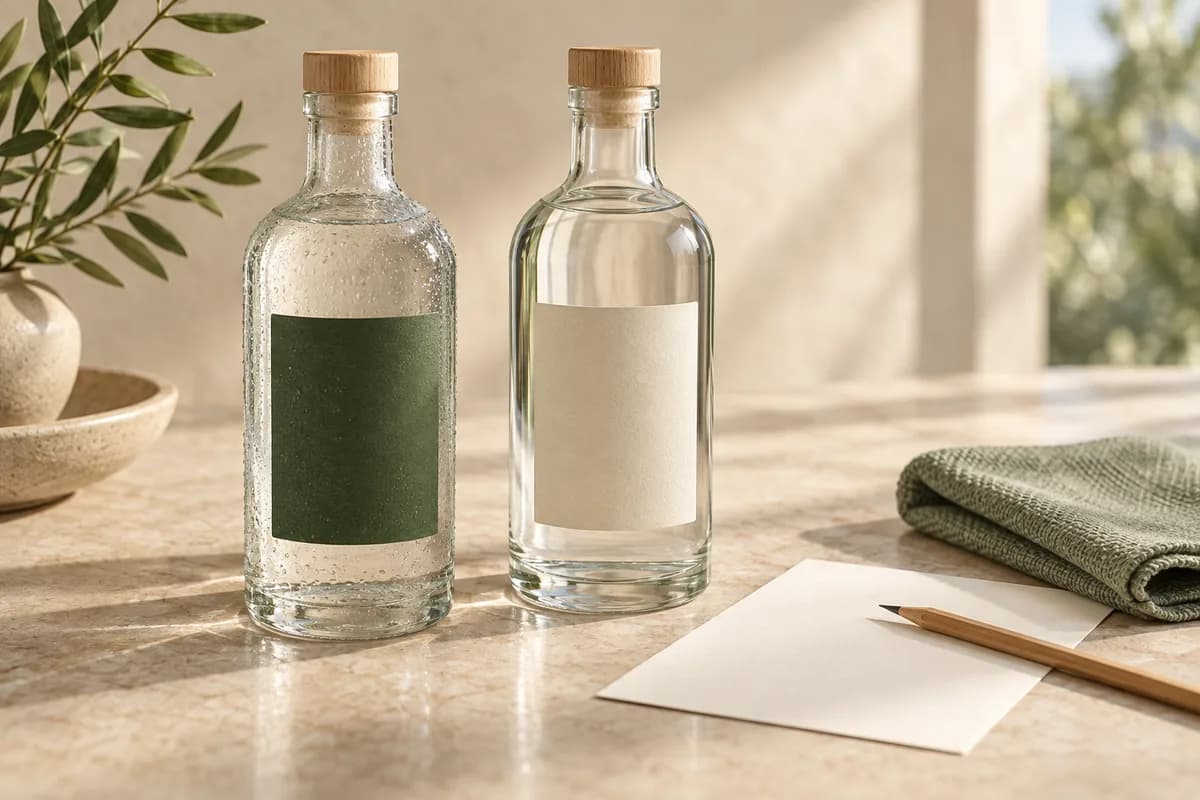 AI concept styling of two glass bottles with blank labels, one with water droplets, beside a cloth and blank observation card