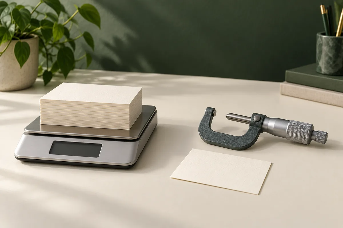 AI editorial concept: blank paper cards on a scale with an unlit display, beside a micrometer and a separate card.