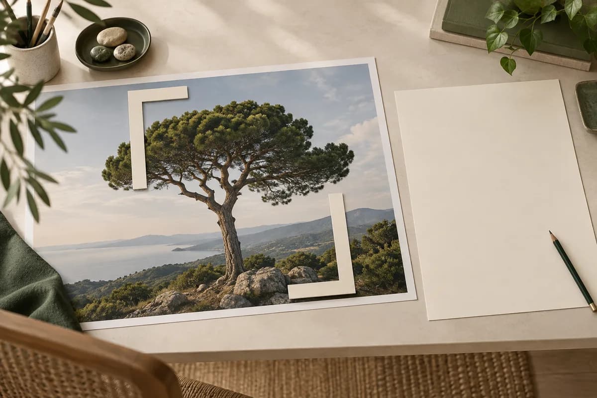Concept styling of a tree photograph with cream cropping guides, beside a blank poster sheet and pencil