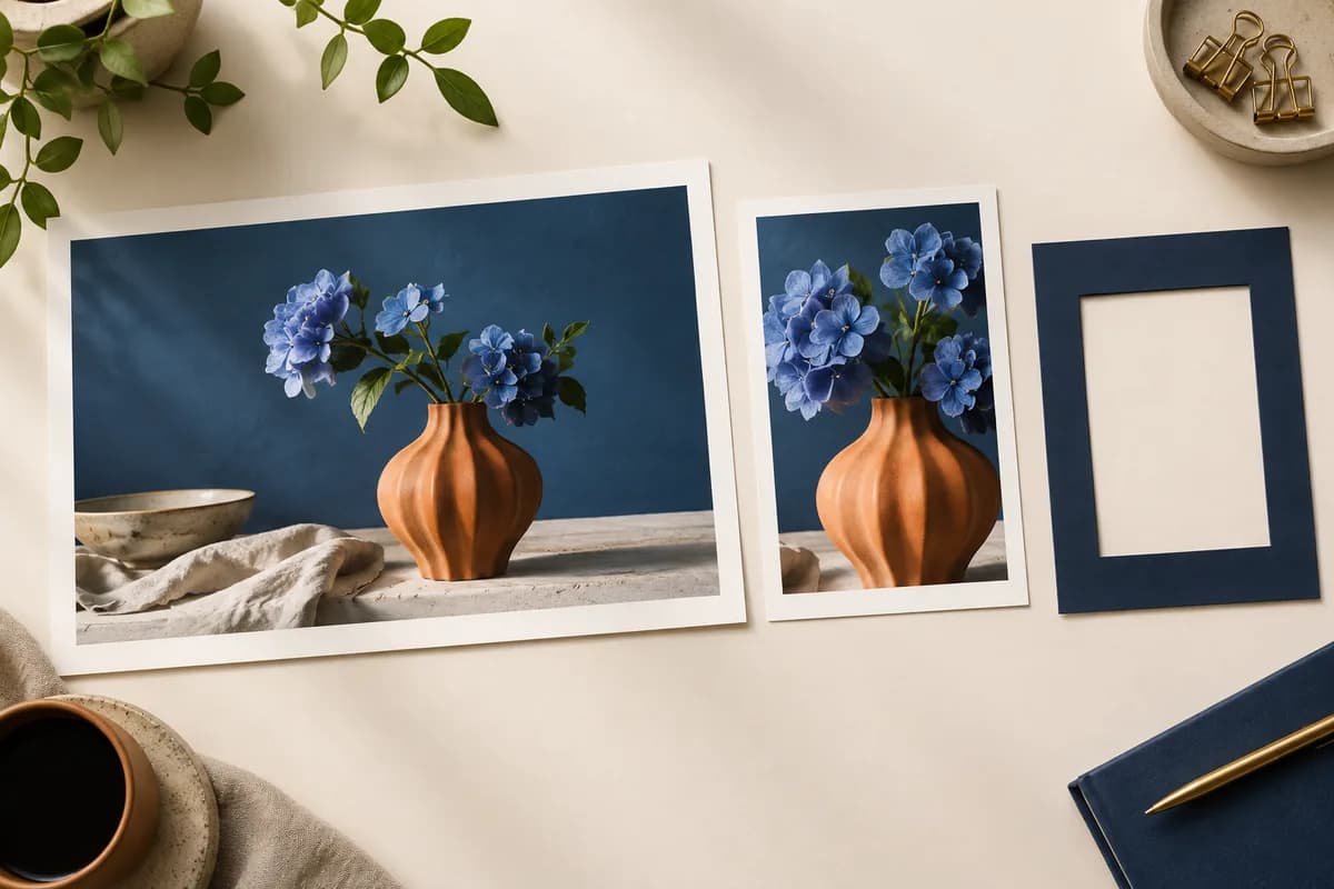 Conceptual landscape and portrait vase photographs beside a paper crop frame