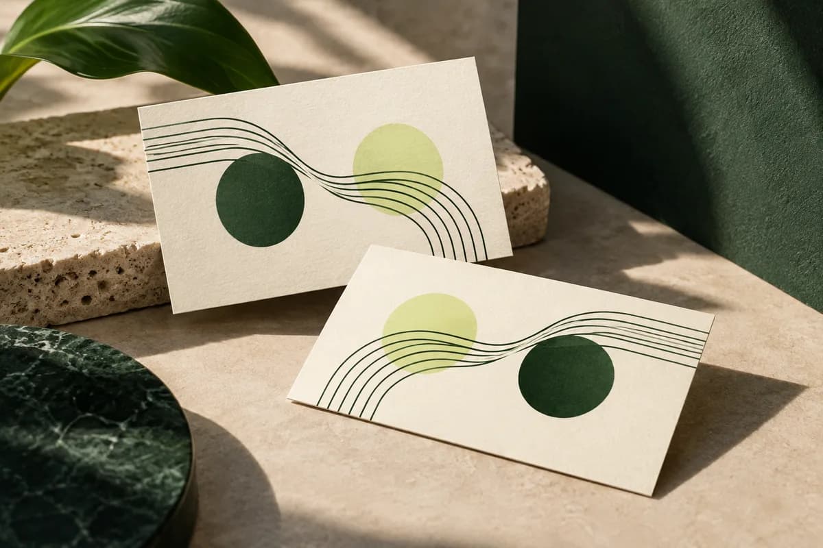 Editorial concept: two ivory business cards with mirrored abstract line compositions no letters.