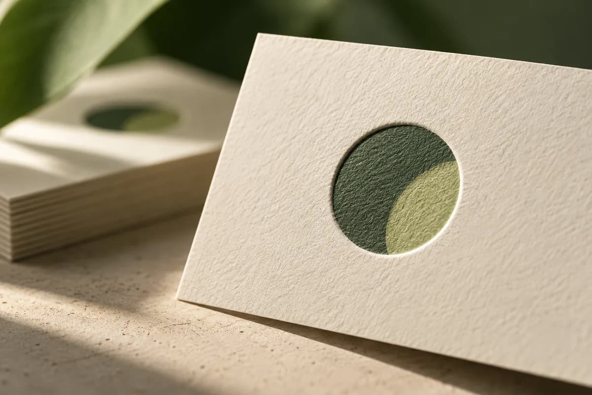 Editorial concept: macro embossed simple circle mark on crisp ivory paper with soft blurred paper behind.