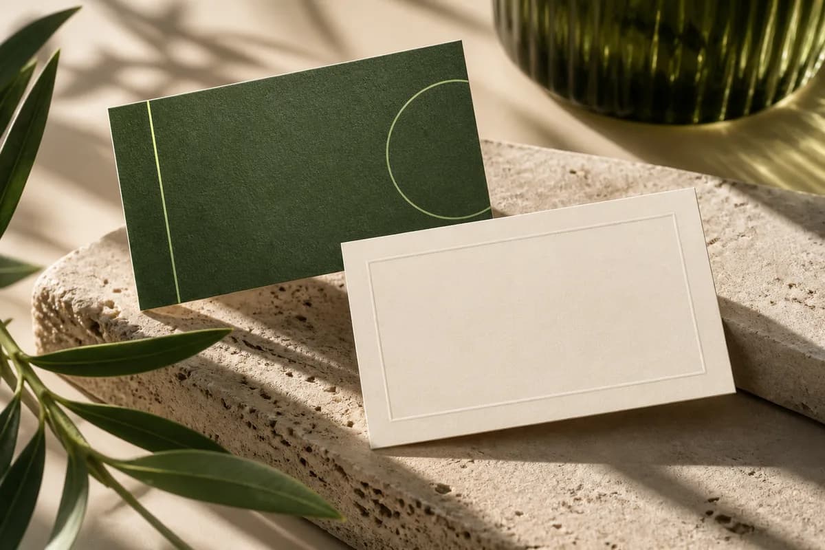 Editorial concept: front and back pair of cards one green minimalist one ivory with blank inset panel.