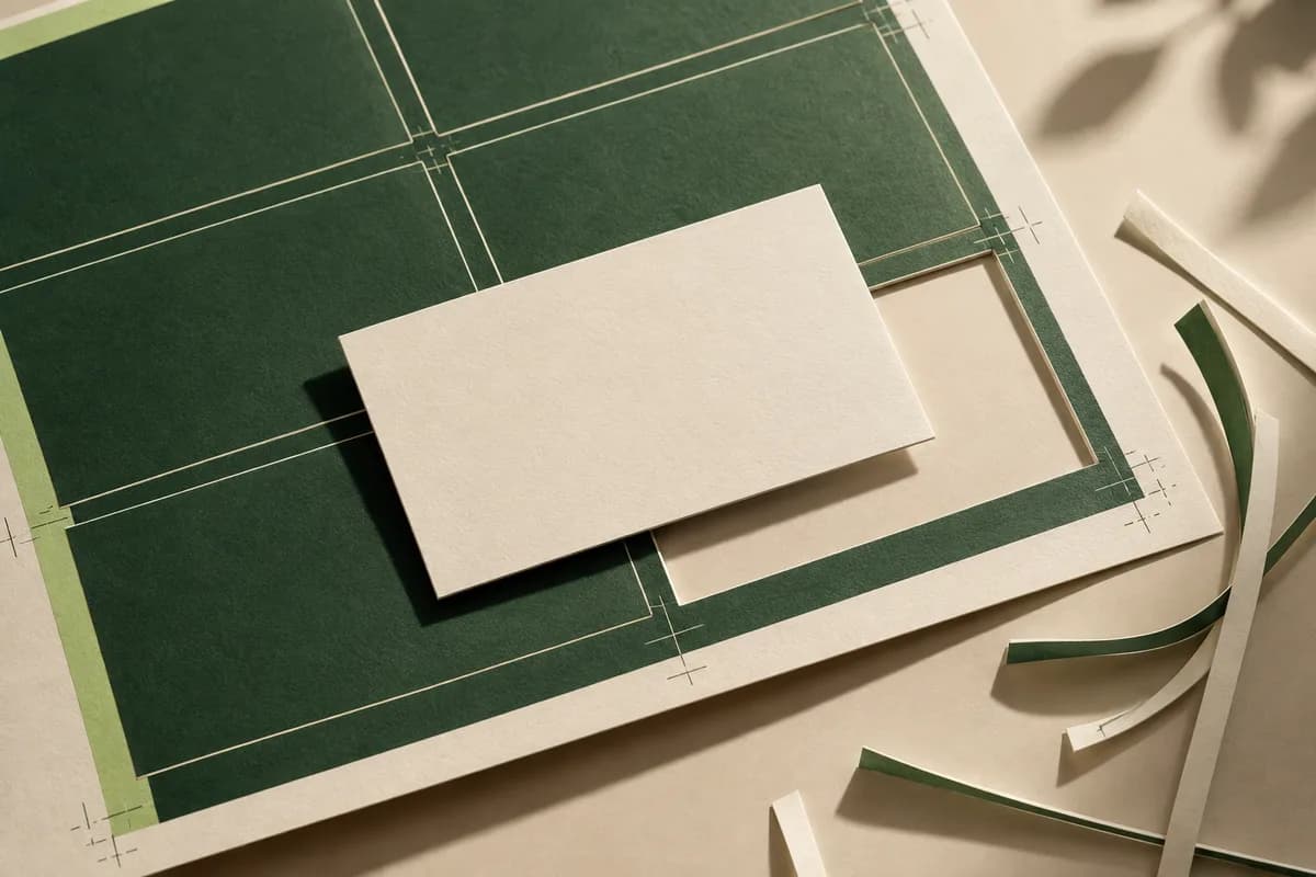 Editorial concept: oversized green print sheet with ivory cut card placed over it and paper trimmings.