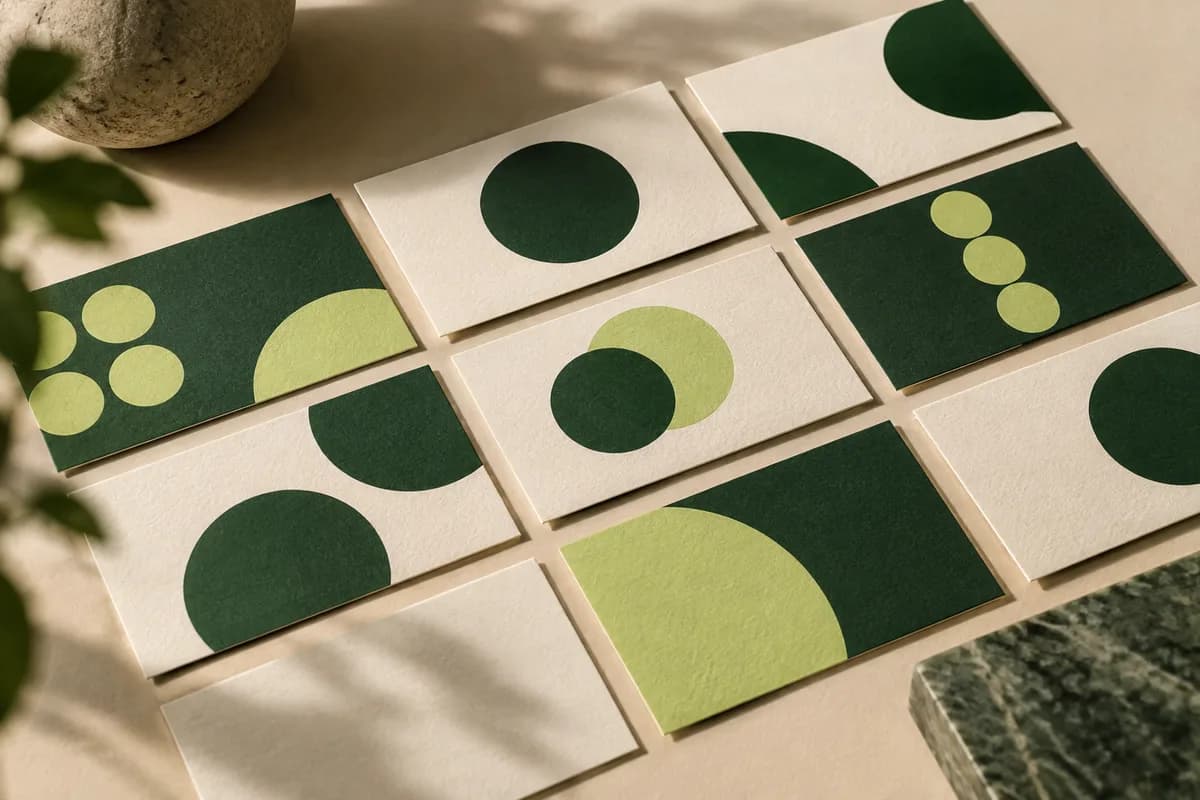 Editorial concept: grid of business cards sharing forest green circles with subtle varied arrangements.