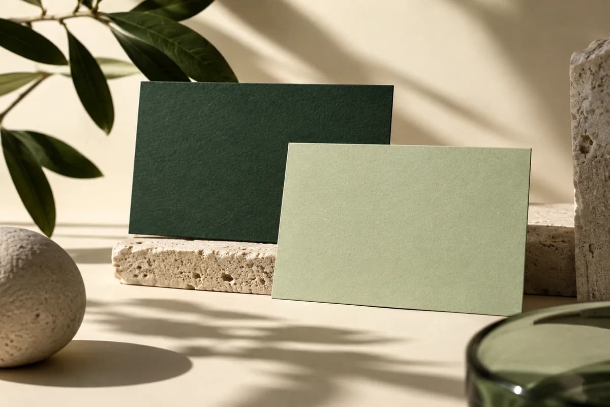 Editorial concept: dark green and pale sage cards layered to show tonal contrast.