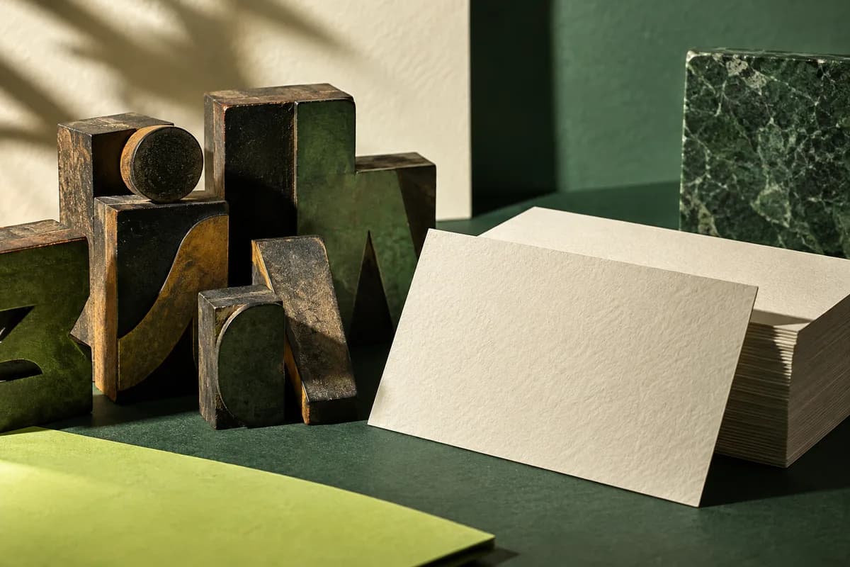 Editorial concept: vintage abstract letterpress type blocks beside blank textured cards no legible words.