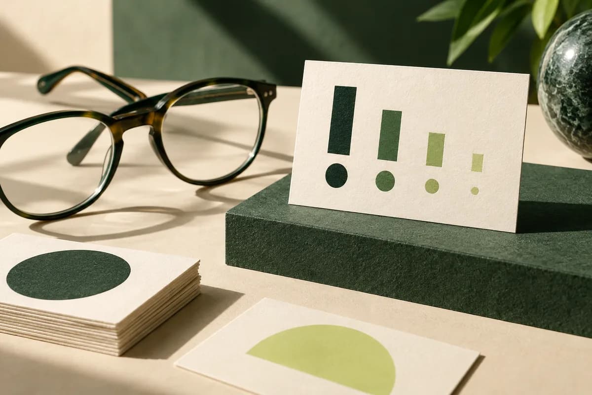 Editorial concept: reading glasses beside miniature abstract typographic blocks on card no words.