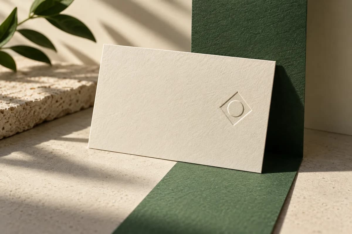 Editorial concept: ivory card with small embossed geometric mark balanced against green paper strip.
