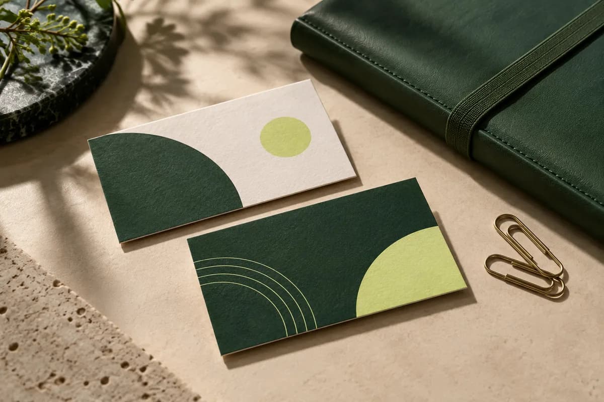 Editorial concept: two card proofs beside a closed green folio and paper clips.