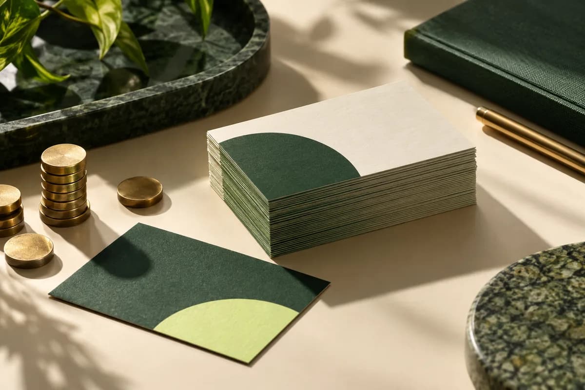 Editorial concept: business card stack beside brass counting tokens on cream desk.