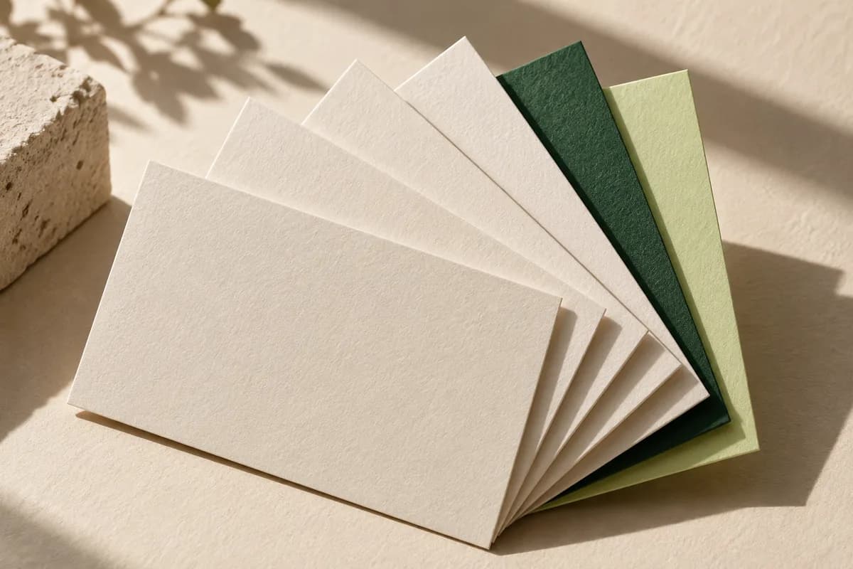 Editorial concept: architectural fan of ivory forest green and lime business cards.