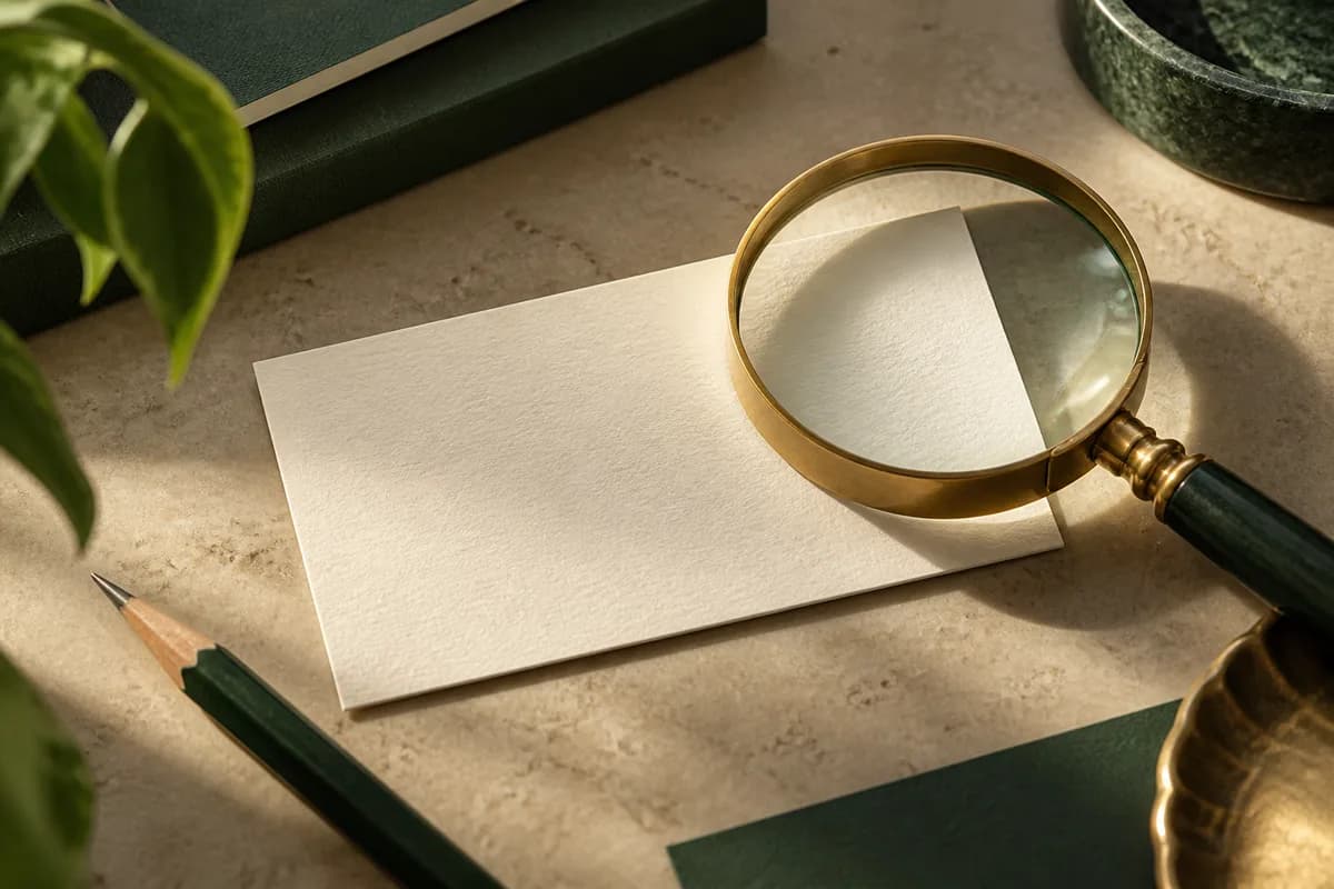 Editorial concept: ivory business card beneath a brass magnifier beside green pencil.