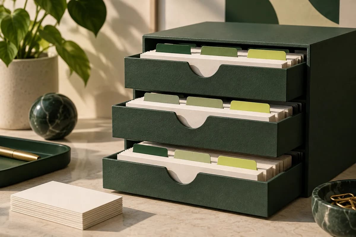 Editorial concept: organized business card storage drawers with colored tabs without words.