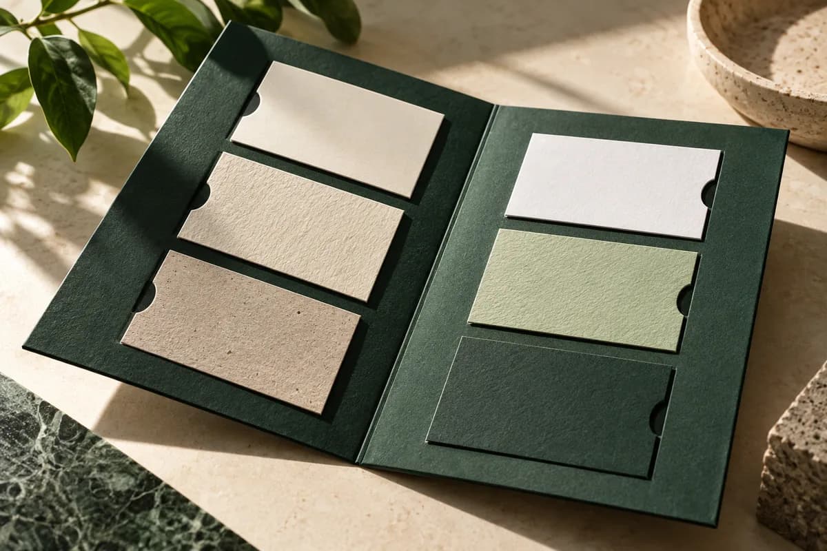 Editorial concept: open premium paper sample folder with six tactile card surfaces.