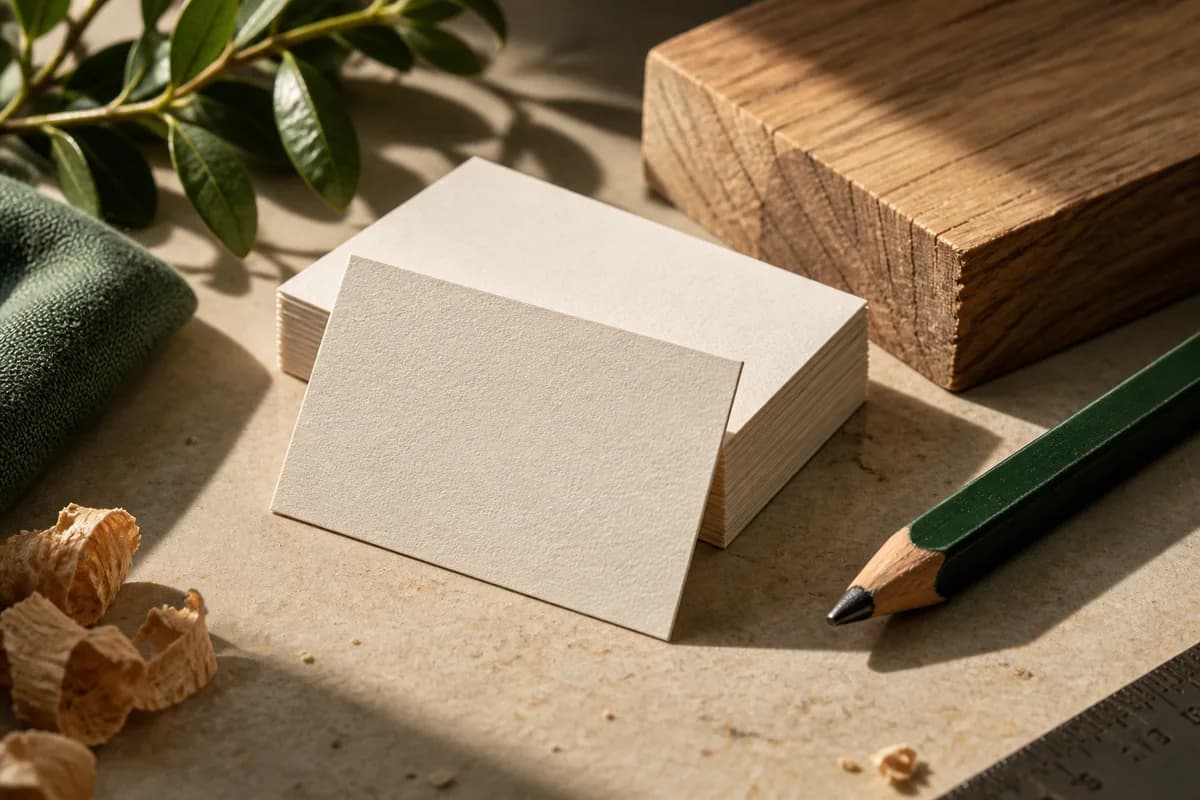 Editorial concept: textured cream business cards beside carpenter pencil and wood sample.