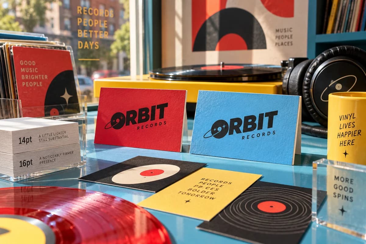 Tactile business cards and paper swatches showing a restrained mix of distinct visual textures and contrasting colors, with cherry red, sky blue, butter yellow artwork for a fictional vinyl record shop.