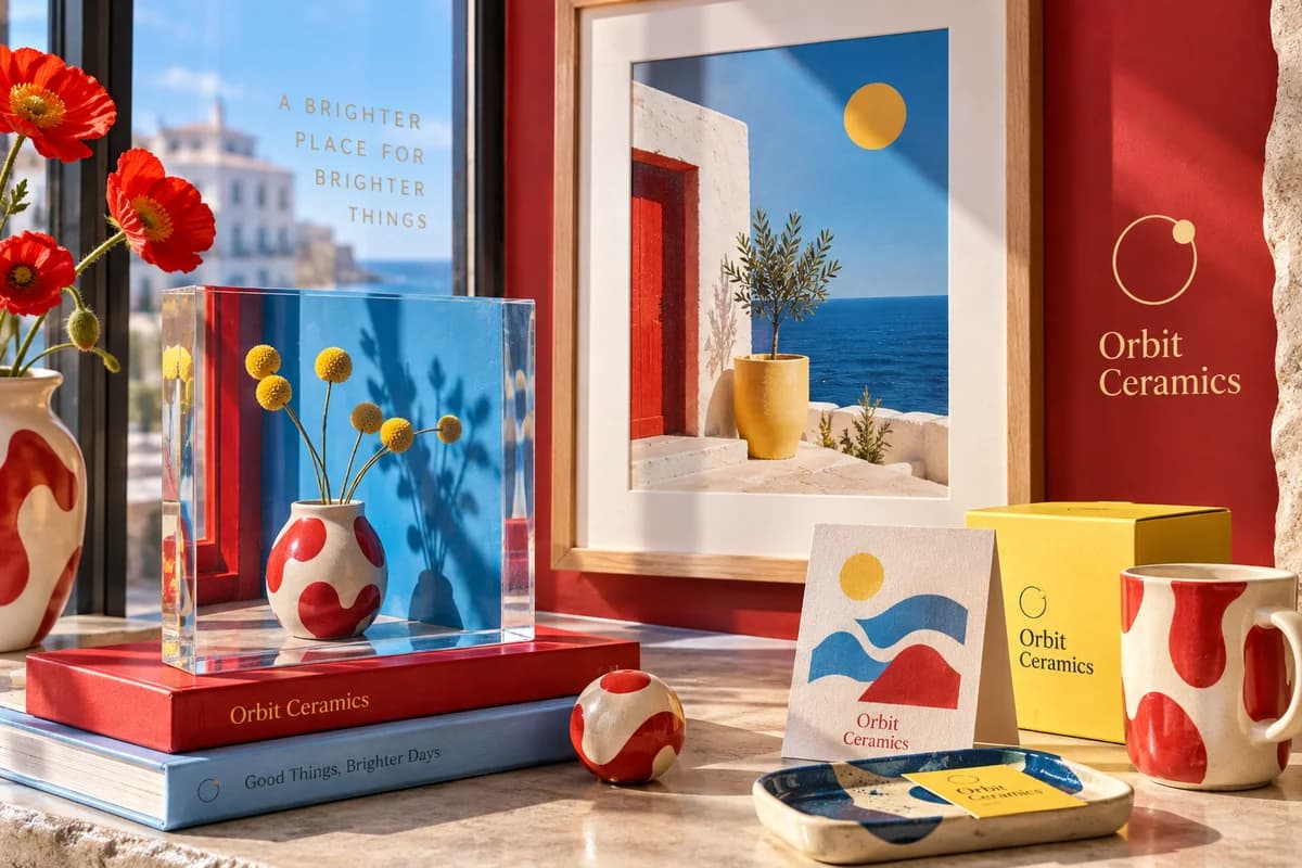 A styled small promotional gift set with useful branded objects and a coordinating printed card, with cherry red, sky blue, butter yellow artwork for a fictional ceramic maker.