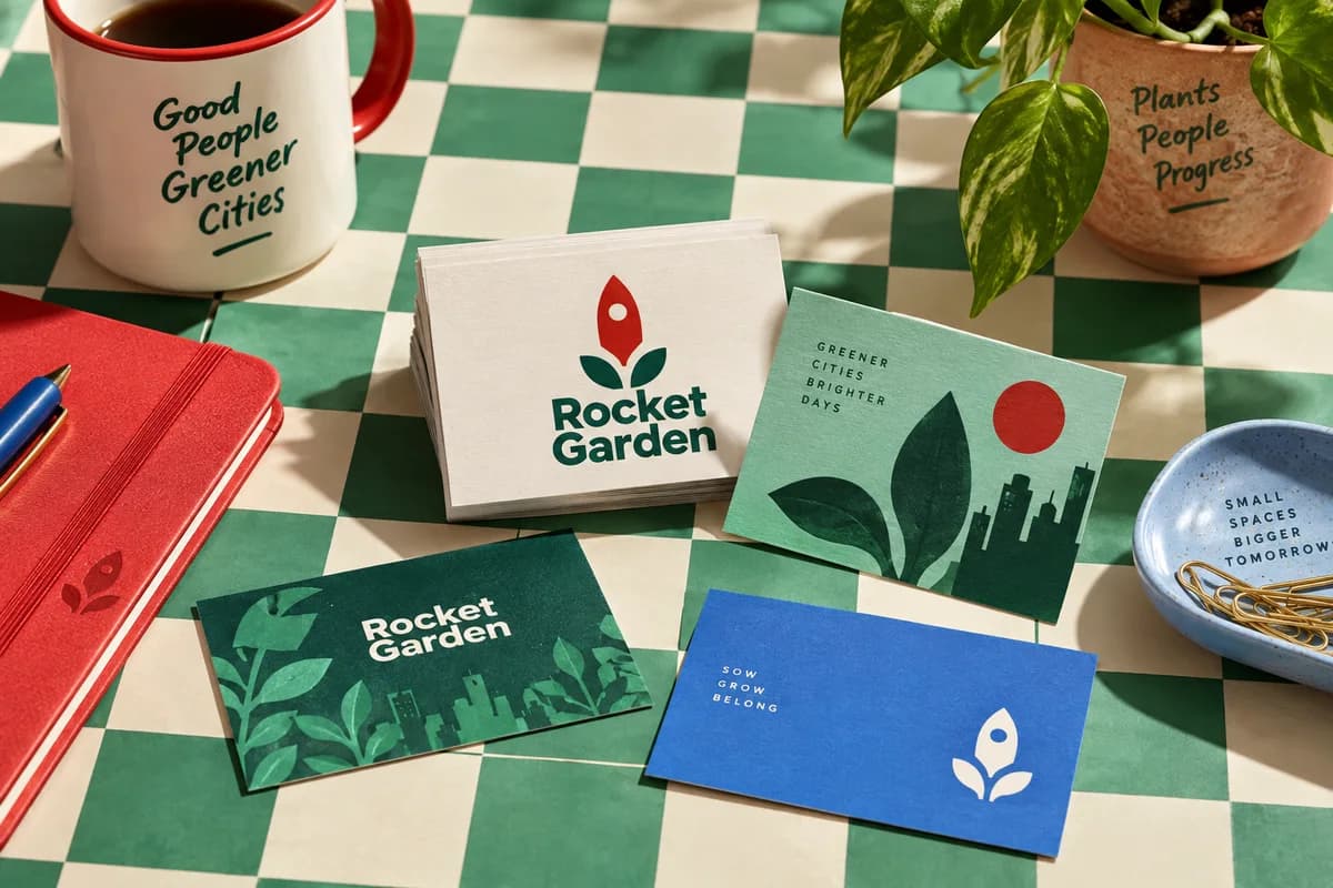 Business cards in a relevant fictional small business setting with one tasteful contextual prop, with seafoam green, poppy red, cornflower blue artwork for a fictional urban gardening service.