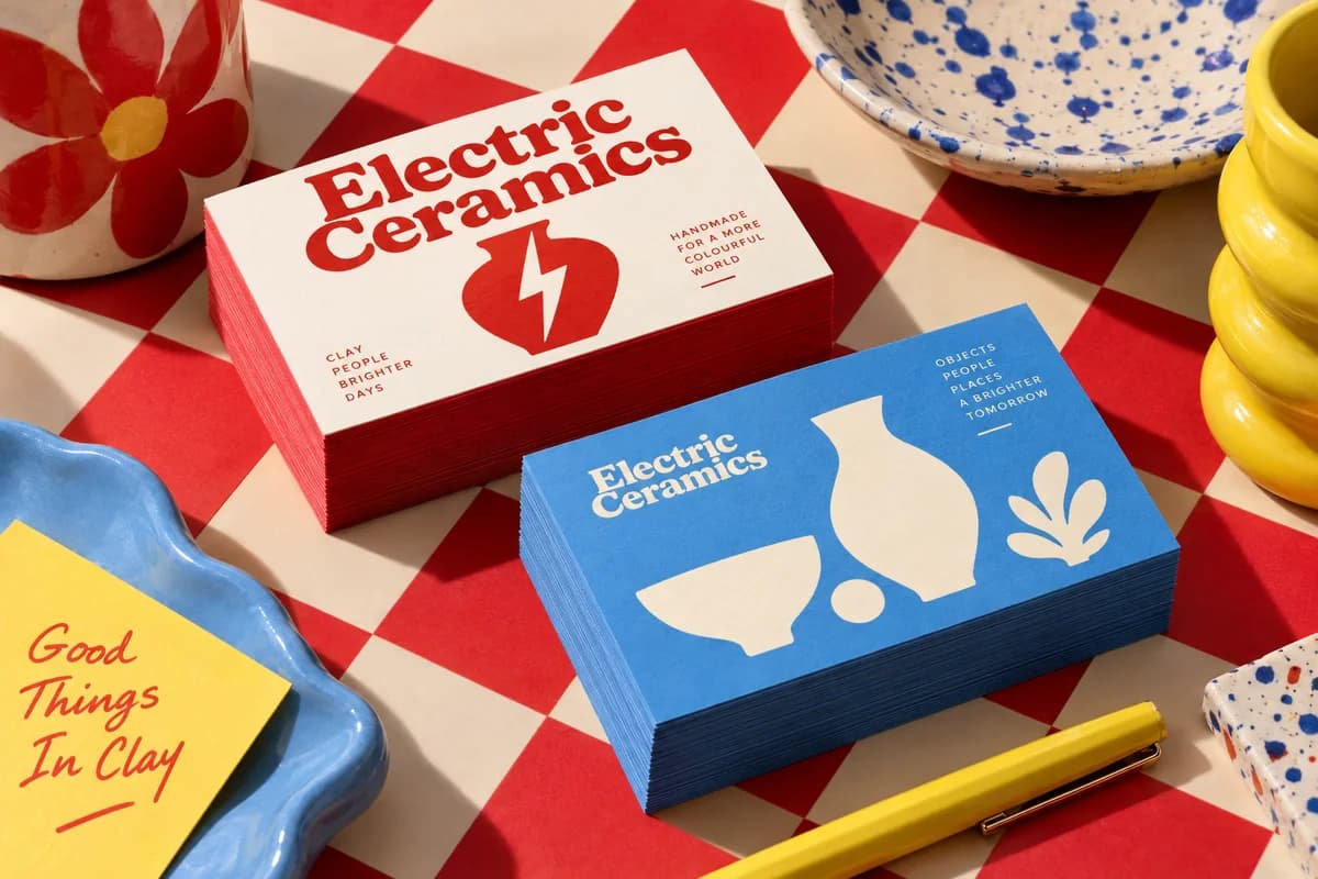 Two stacks of business cards with vivid fronts and backs and visible paper edges, with cherry red, sky blue, butter yellow artwork for a fictional ceramic maker.