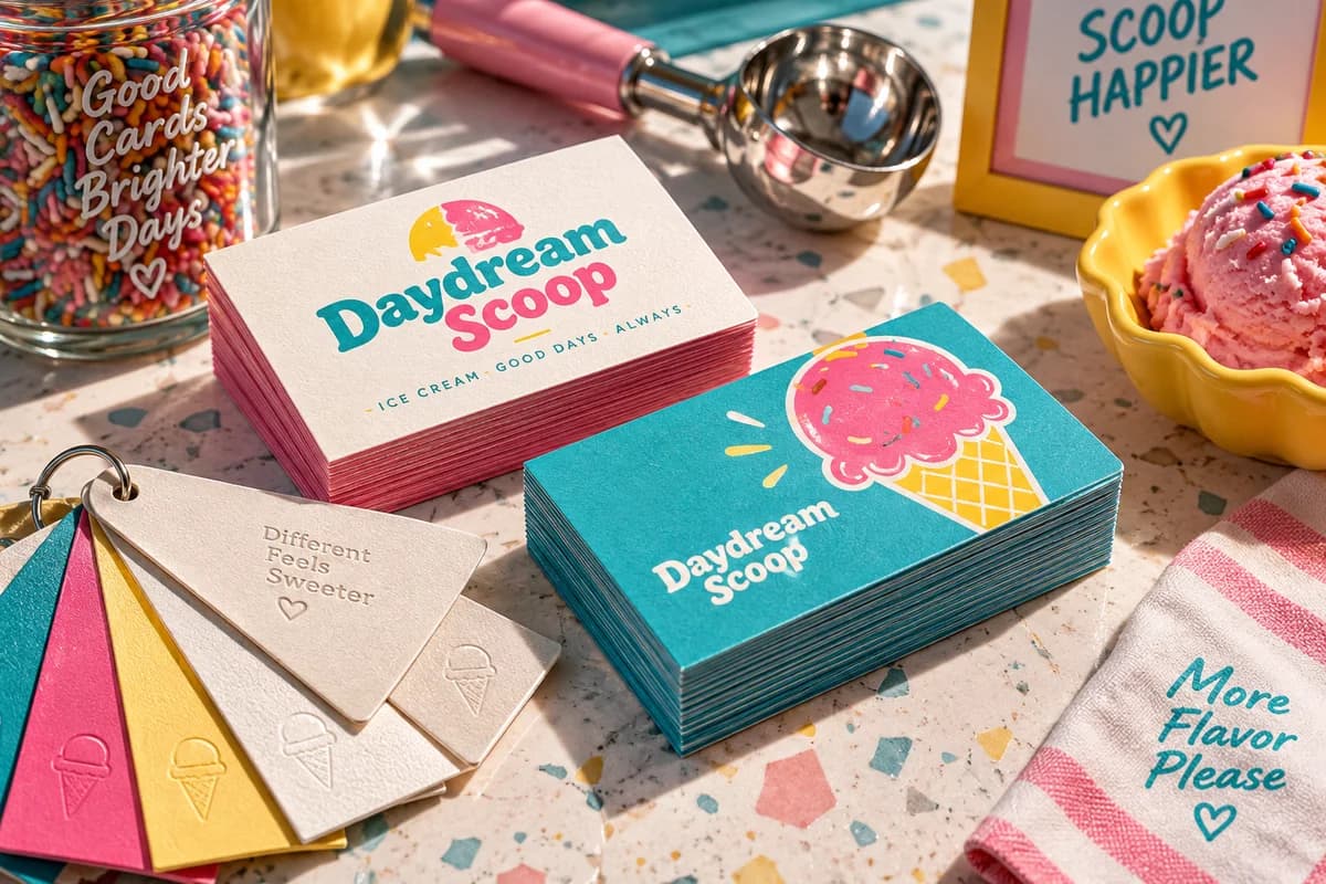 Two stacks of business cards with vivid fronts and backs and visible paper edges, with bright turquoise, watermelon pink, sunflower yellow artwork for a fictional ice cream shop.