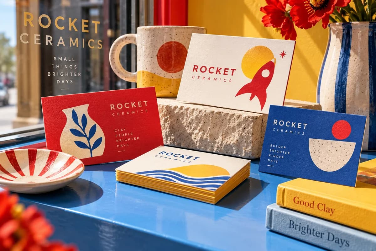 A small collection of business cards with strong typographic hierarchy and vivid expressive graphic motifs, with cherry red, sky blue, butter yellow artwork for a fictional ceramic maker.