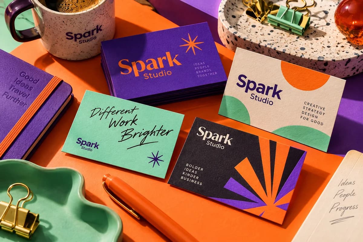 A small collection of business cards with strong typographic hierarchy and vivid expressive graphic motifs, with tangerine orange, royal purple, mint green artwork for a fictional creative design studio.