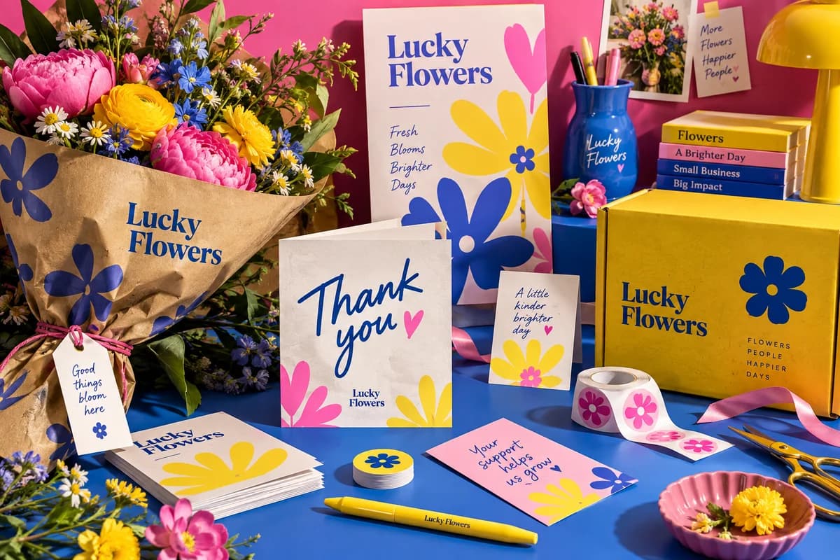 A colorful coordinated business identity comprising a menu or flyer, small card, sticker and paper packaging, with electric blue, hot pink, lemon yellow artwork for a fictional fresh flower shop.