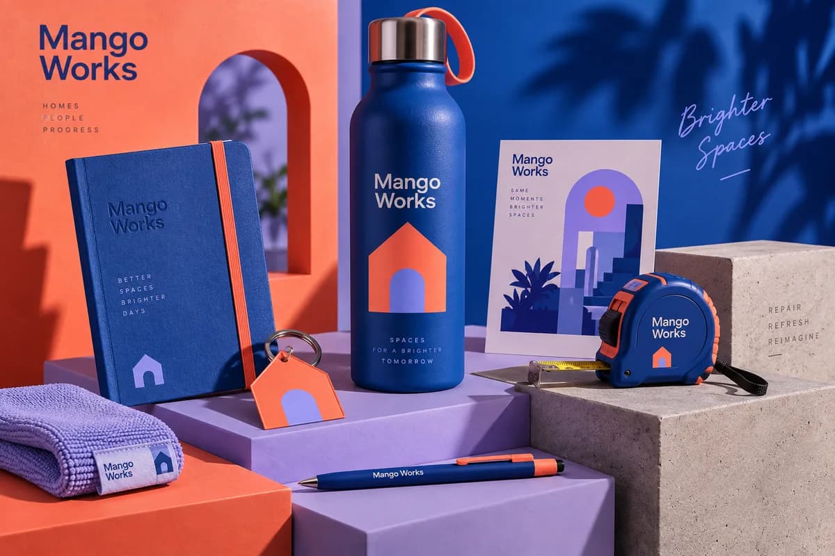A styled small promotional gift set with useful branded objects and a coordinating printed card, with ultramarine blue, bright coral, lilac artwork for a fictional home renovation company.