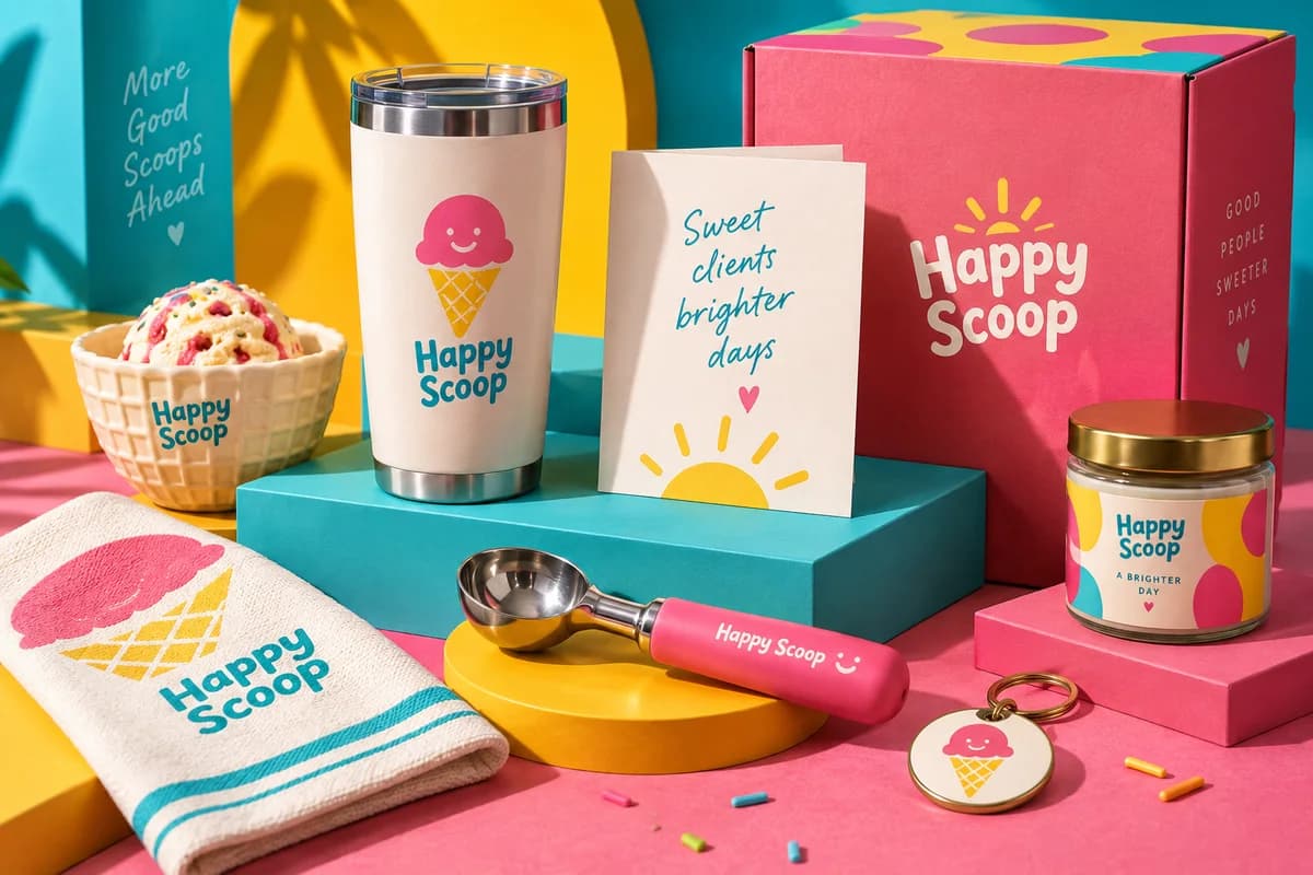 A styled small promotional gift set with useful branded objects and a coordinating printed card, with bright turquoise, watermelon pink, sunflower yellow artwork for a fictional ice cream shop.