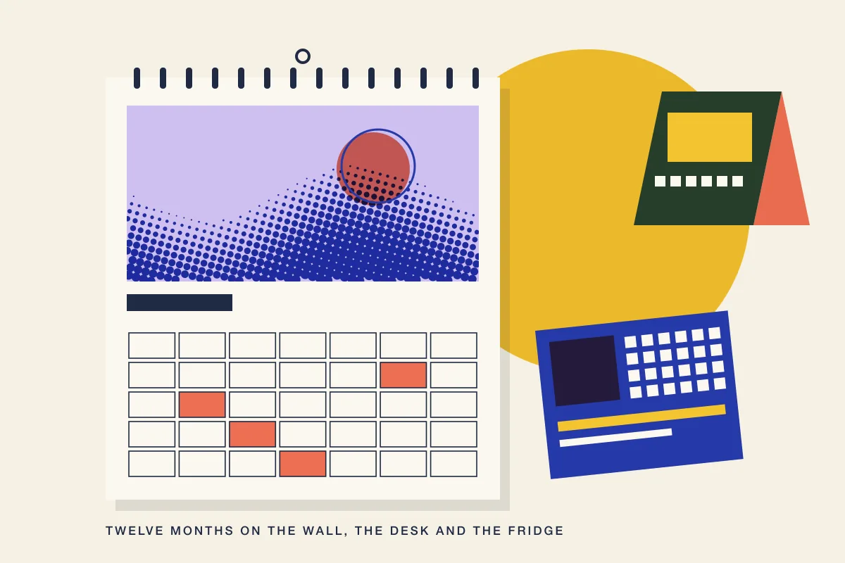 Flat illustration of a spiral bound wall calendar with a halftone blue landscape panel and coral marked dates, beside a blue calendar magnet and a green desk tent calendar over a large yellow circle.
