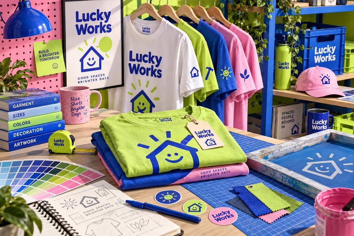 Decorated cotton clothing with bold simple printed graphic motifs and seams, styled with a matching garment tag, with lime green, cobalt blue, bubblegum pink artwork for a fictional home renovation company.