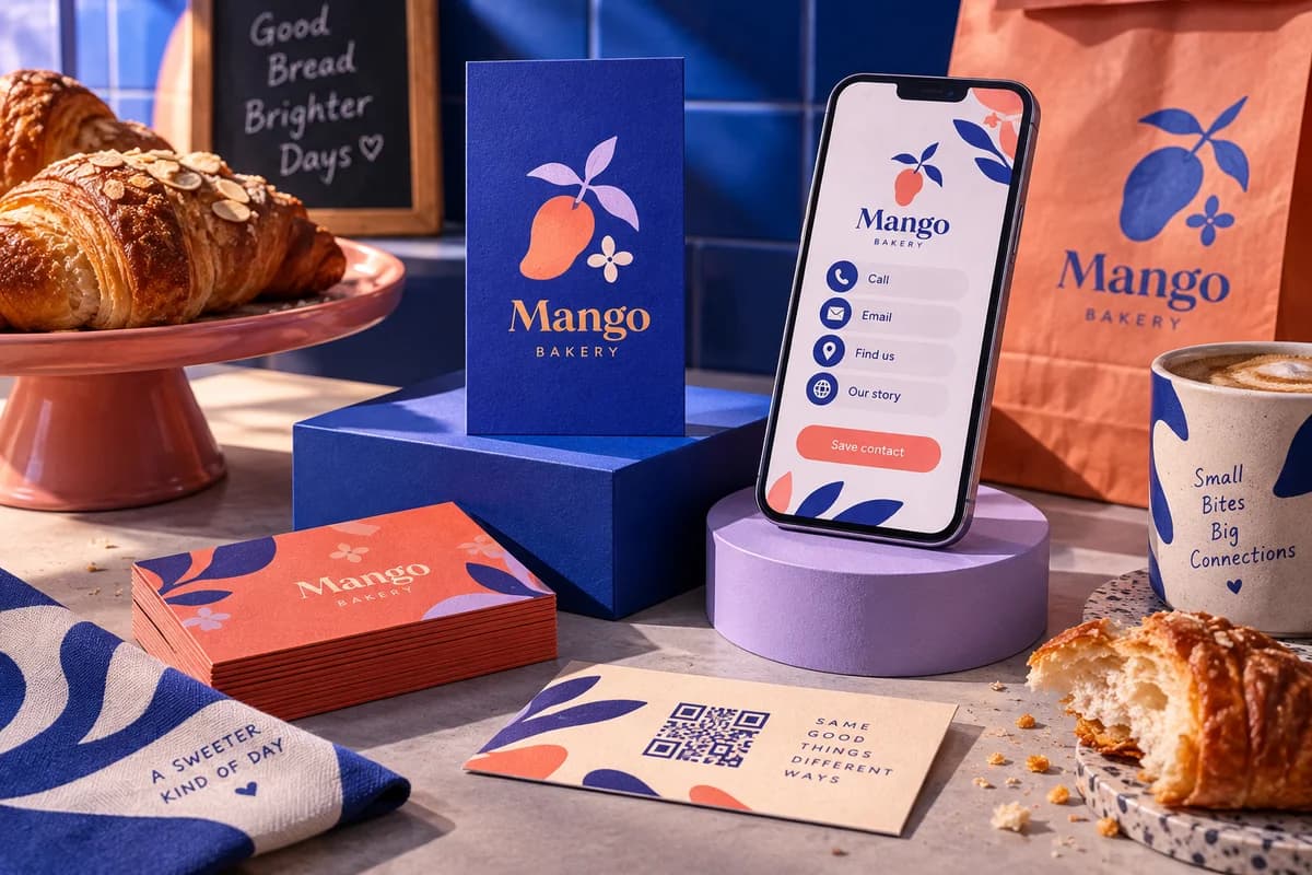 Business cards in a relevant fictional small business setting with one tasteful contextual prop, with ultramarine blue, bright coral, lilac artwork for a fictional artisan bakery.