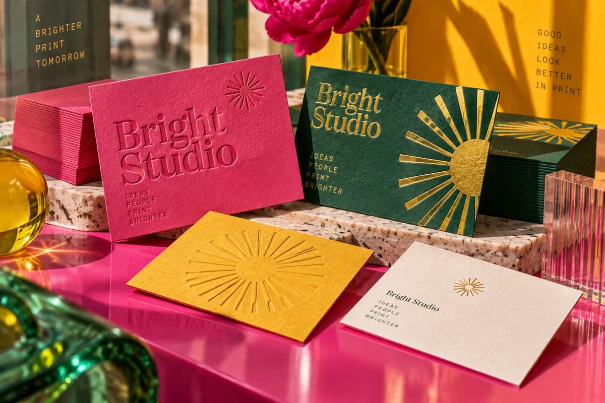 Colorful business cards with restrained reflective metallic design details, photographed honestly as illustrative finish concepts, with fuchsia pink, emerald green, marigold yellow artwork for a fictional creative design studio.