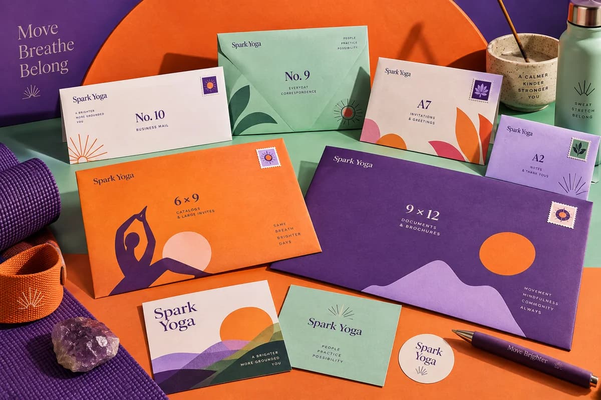 Colorful printed envelopes and coordinated stationery with realistic folds and positioned demonstration address areas, with tangerine orange, royal purple, mint green artwork for a fictional yoga and movement studio.