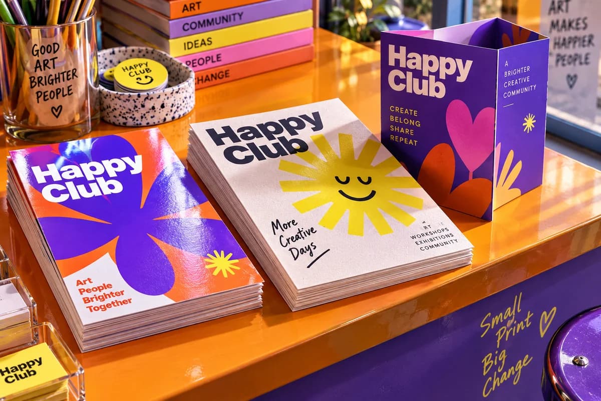Printed flyers or folded brochures with bold graphic artwork, expressive large typography and tactile paper edges, with orange, electric violet, acid yellow artwork for a fictional community arts club.