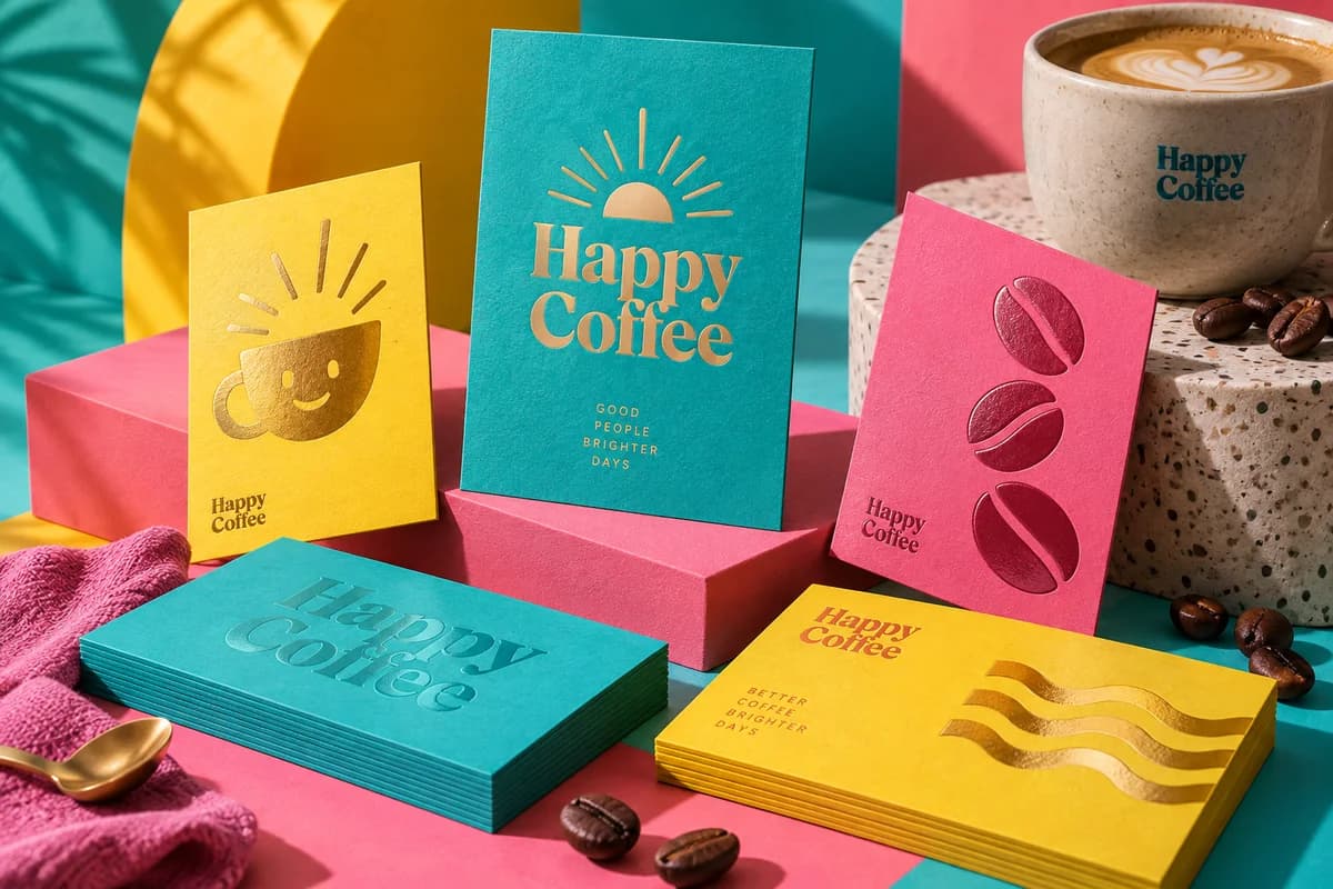 Colorful business cards with restrained reflective metallic design details, photographed honestly as illustrative finish concepts, with bright turquoise, watermelon pink, sunflower yellow artwork for a fictional independent coffee bar.