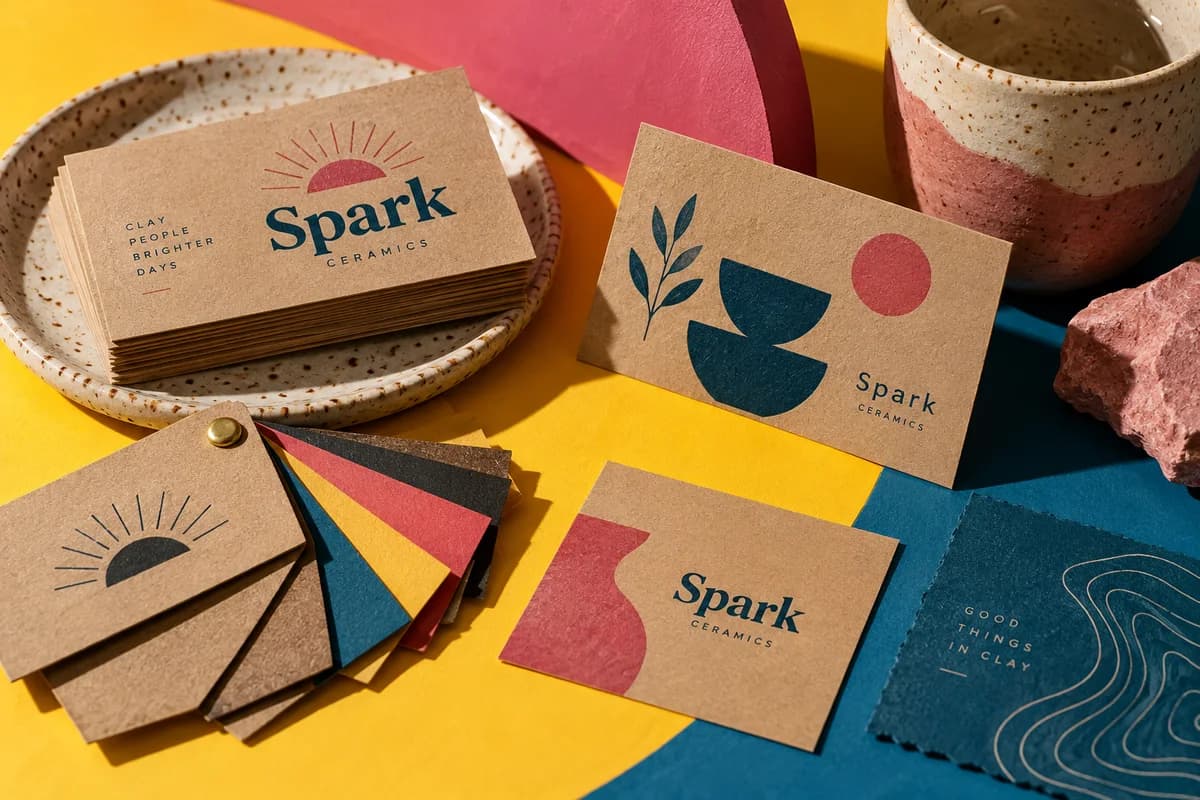 Tactile business cards and paper swatches showing a restrained mix of distinct visual textures and contrasting colors, with sunshine yellow, peacock blue, raspberry pink artwork for a fictional ceramic maker.