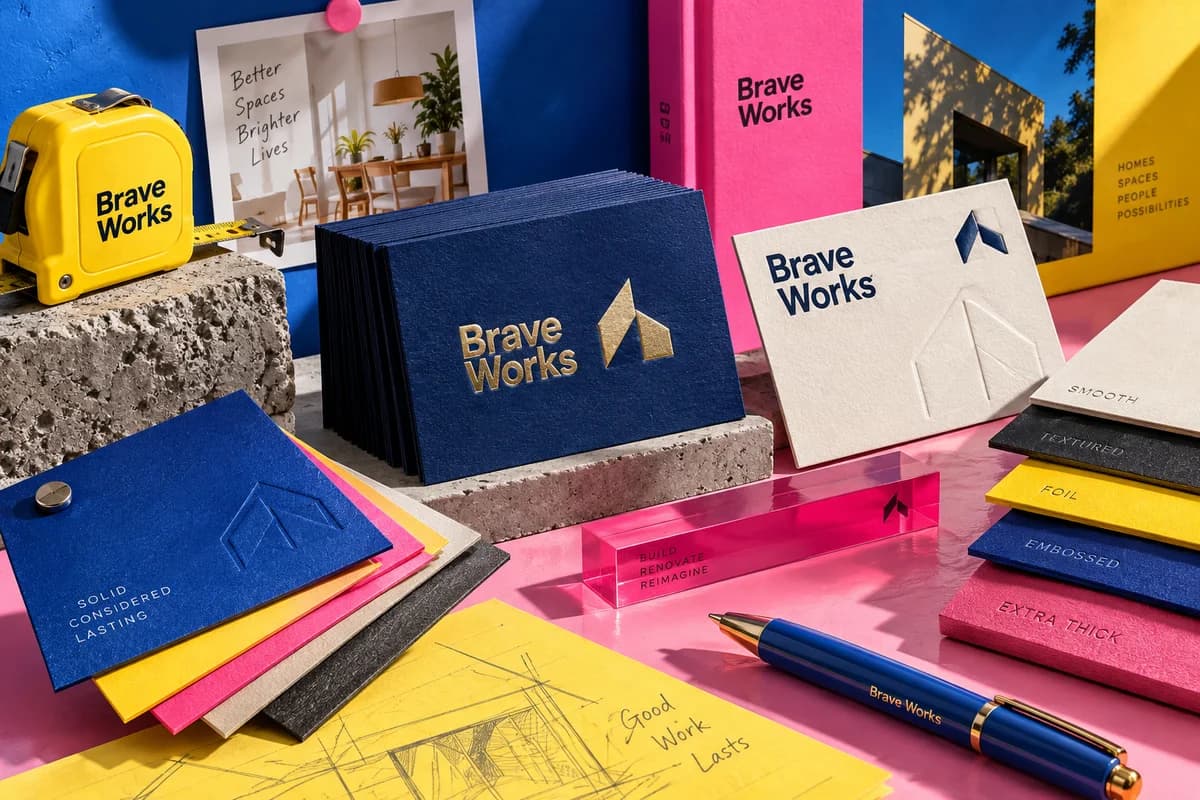 Tactile business cards and paper swatches showing a restrained mix of distinct visual textures and contrasting colors, with electric blue, hot pink, lemon yellow artwork for a fictional home renovation company.