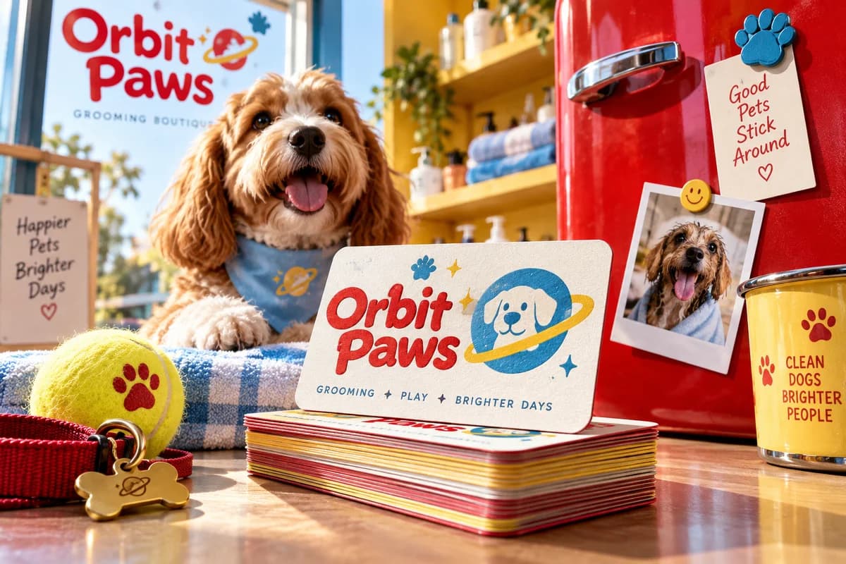 Business cards in a relevant fictional small business setting with one tasteful contextual prop, with cherry red, sky blue, butter yellow artwork for a fictional pet grooming boutique.